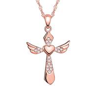 Yumilok Roségold 925 Sterling Silber Zirkonia Herz Engelsflügel Kreuz Anhänger Halskette Kette mit Anhänger Kreuzkette für Damen Mädchen