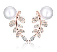 Yumilok Roségold 925 Sterling Silber Zirkonia Perlen Blätter Ohrstecker Ohrklemme Ohrringe Ohrschmuck Ear Cuffs für Damen Frauen Mädchen