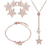 Yumilok Roségold 925 Sterling Silber Zirkonia Sterne Charm Armband Halskette Ohrstecker Schmuck Set Armkette Kette Ohrringe Set für Damen Mädchen