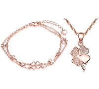 Yumilok Roségold 925 Sterling Silber Zirkonia Vierblättriges Kleeblatt Charm Armband Halskette Schmuck Set Armkette & Kette mit Anhänger Set für Damen Mädchen