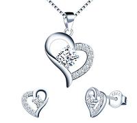 Yumilok Schmuck-Set aus Halskette und Ohrringen, Halskette mit Herz-Anhänger, Herz-Ohrringe, glänzend, aus 925er Silber, Halskette und Ohrstecker, eingelegter Zirkonia, Sterling-Silber, kubischer