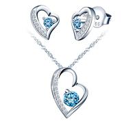 Yumilok Schmuckset Damen 925 Sterling Silber Halskette & Ohrringe Set, Herz Anhänger mit 45cm Kette & Ohrstecker mit blau Zirkonia für Mädchen