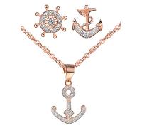 Yumilok Schmuckset Damen Schmuck Set Anker Ruder Halskette mit Ohrringen Zirkonia Kette Ohrstecker in 925 Sterling Silber für Mädchen Roségold