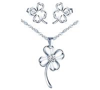 Yumilok Schmuckset Damen Schmuck Set Halskette mit Ohrringen Zirkonia Kette Ohrstecker in 925 Sterling Silber für Mädchen Kleeblatt