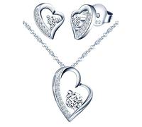 Yumilok Silber Schmuckset Damen, 925 Sterling Silber Halskette & Ohrringe Set, Herz Anhänger mit 45cm Kette & Ohrstecker mit Zirkonia für Mutter Frau Freundin