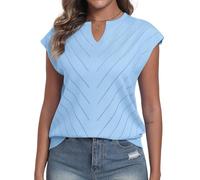 YUNDAI Damen Kurzarm Stricktop V-Ausschnitt Sommer Leicht Weich Freizeit Pullover Damen T-Shirt Casual Oberteilen, X-Large Light Blue