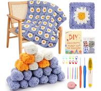 Yuragim Granny Square Decke Häkelset für Anfänger, Strickset Erwachsene | Blau Gänseblümchen Decke Häkeln Set, Starter Häkelset mit Häkelnadel 3,5mm 4,0mm, Häkel Set mit Schritt-für-Schritt-Anleitung