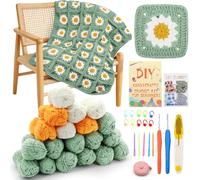 Yuragim Granny Square Decke Häkelset für Anfänger, Strickset Erwachsene | Grün Gänseblümchen Decke Häkeln Set, Starter Häkelset mit Häkelnadel 3,5mm 4,0mm, Häkel Set mit Schritt-für-Schritt-Anleitung