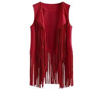 Yurosiay Damen Faux Wildleder Weste Mit Fransen Ethnischen Stil Cardigan Fransen Damen Fransenweste Cowboy Vintage Ärmellose Weste Fransen Lang Biker Weste Strickjacke Fransen Rot XL