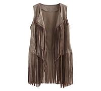 Yurosiay Damen Faux Wildleder Weste Mit Fransen Ethnischen Stil Cardigan Fransen Damen Fransenweste Cowboy Vintage Ärmellose Weste Fransen Lang Biker Weste Strickjacke Fransen Beige 2XL