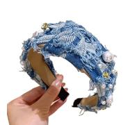 Yurosiay Damen Jeans Haarreifen Mode Weiße Perlen Stirnband Jeans Rockabilly Breit Haarreifen Stoff Knoten Stirnbänder Geflochten Haarband Jeans Haarschmuck für Frauen und Mädchen Himmelblau