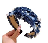 Yurosiay Damen Jeans Haarreifen Mode Weiße Perlen Stirnband Jeans Rockabilly Breit Haarreifen Stoff Knoten Stirnbänder Geflochten Haarband Jeans Haarschmuck für Frauen und Mädchen Dunkelblau