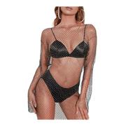 Yurosiay Damen Sexy Strass Durchsichtig Mesh Kleid Fischnetz Glitzer Langarm Rundhals Strass Bikini Cover Up Kleid Strandkleid Midikleid für Club Strandurlaub Badeanzug Schwarz 1# 90cm