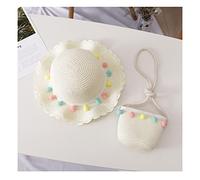Yurosiay Strohhut Kinder Set Sommer Mädchen Sonnenhut Mit Strohtasche Große Krempe Strandhut Bunt Pompondekoration Strohhut Mädchen Prinzessin Hut für Outdoor Reisen Urlaub Strand Weiße