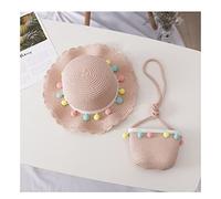 Yurosiay Strohhut Kinder Set Sommer Mädchen Sonnenhut Mit Strohtasche Große Krempe Strandhut Bunt Pompondekoration Strohhut Mädchen Prinzessin Hut für Outdoor Reisen Urlaub Strand Rosa
