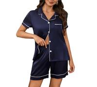 YUSHOW Schlafanzug Damen Kurz Satin Zweiteiliger Pyjama Set mit Knopfleiste Kurzarm Nachtwäsche Sommer Sleepwear Hausanzug Loungewear