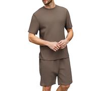 YUSHOW Schlafanzug Herren Kurz Rippenstrick Kurzarm Shirt und Pyjamashort mit Tachen Weich Schlafanzüge Nachtwäsche Hausanzug Männer Shorty Pyjama Set Sommer