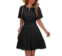 Yuson Girl Kleid Damen Sommerkleid V-Ausschnitt Kurzärmeliges Kleider Sommer Baumwolle Ausgehöhltes Minikleid Kurz Strandkleid Freizeitkleid High Waist A-Linien Sommerkleid