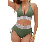 Yutdeng Damen Bikini Set Sexy Triangel Bikini Damen Set Push Up Bikinis für Damen V Ausschnitt Zweiteiliger Badeanzug Bauchweg Hohe Taille Badeanzüge Neckholder Bademode Farbblock Swimsuit Kordelzug