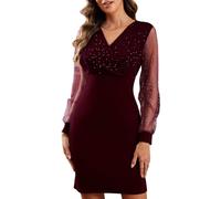 Yutdeng Damen Kleider Elegant V-Ausschnitt Partykleid Mesh Langarm Cocktailkleid Pailletten Kleid Damen Abendkleider Kurze Spitzen Bodycon Slim Wickelkleid Sexy Minikleid Moden Cocktail Party Festlich