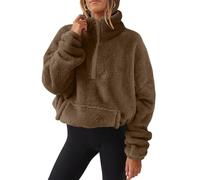 Yutdeng Fleecepullover Damen Sweatshirt ohne Kapuze Warmer Teddy Hoodie Oversize mit Taschen Stehkragen Half Zip Pullover Plüsch Hoody Flauschige Teddyfleece Jacke Fleecepulli Damen,Braun,L