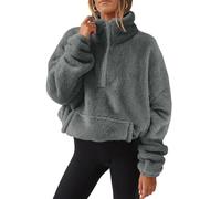 Yutdeng Fleecepullover Damen Sweatshirt ohne Kapuze Warmer Teddy Hoodie Oversize mit Taschen Stehkragen Half Zip Pullover Plüsch Hoody Flauschige Teddyfleece Jacke Fleecepulli Damen,Dunkelgrau,L