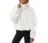 Yutdeng Fleecepullover Damen Sweatshirt ohne Kapuze Warmer Teddy Hoodie Oversize mit Taschen Stehkragen Half Zip Pullover Plüsch Hoody Flauschige Teddyfleece Jacke Fleecepulli Damen,Weiß,S