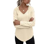 Yutdeng Kapuzenpullover Damen Hoodie mit Kapuze Sweatshirt Dünne Longshirt Langarm Pullover V Ausschnitt Lässige Lange Oberteile für Leggings Long Shirt Damen Herbst Puill Top Loungewear,Beige,S