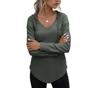 Yutdeng Kapuzenpullover Damen Hoodie mit Kapuze Sweatshirt Dünne Longshirt Langarm Pullover V Ausschnitt Lässige Lange Oberteile für Leggings Long Shirt Damen Herbst Puill Top Loungewear,Dunkelgrün,XL