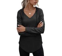 Yutdeng Kapuzenpullover Damen Hoodie mit Kapuze Sweatshirt Dünne Longshirt Langarm Pullover V Ausschnitt Lässige Lange Oberteile für Leggings Long Shirt Damen Herbst Puill Top Loungewear,Schwarz,XXL