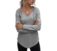 Yutdeng Kapuzenpullover Damen Hoodie mit Kapuze Sweatshirt Dünne Longshirt Langarm Pullover V Ausschnitt Lässige Lange Oberteile für Leggings Long Shirt Damen Herbst Puill Top Loungewear,Grau,XXL
