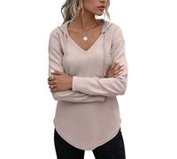 Yutdeng Kapuzenpullover Damen Hoodie mit Kapuze Sweatshirt Dünne Longshirt Langarm Pullover V Ausschnitt Lässige Lange Oberteile für Leggings Long Shirt Damen Herbst Puill Top Loungewear,Aprikose,M