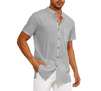 Yutdeng Leinenhemd Herren Kurzarm Hemd Sommerhemd Stehkragenhemd Casual Strandhemd Sommer Hemden Regular Fit Freizeithemden für Herren Leinen Hemd Kurzarmhemd Stehkragen Shirt,Grau,L