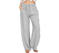 Yutdeng Sommerhose Damen Freizeithose Lang Leicht Baumwolle Leinenhose Casual Weite Hose Lässig Sommer Strandhose Einfarbig Mit Tunnelzug Locker Stoffhose Elegant Linen Pants,Grau,M