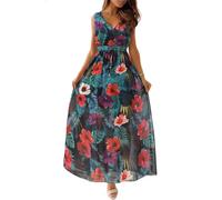 Yutdeng Sommerkleid Damen Lang Casual Strandkleid Damen Sexy Kaftan Damen Ärmellos Boho Sommer Freizeitkleid Elegant V-Ausschnitt Maxikleider Bunte Print Kleider Beachwear Strand Outfits Strandtunika