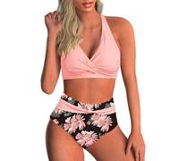 Yutdeng Swimwear Damen Bikini Set Crossover Push-up Bikinioberteil mit Schultergurt Breites Unterbrustband Bademode Bedruckter Plissee-Bikinihose Hohe Taille Badeanzüge Chic,Rosa,XL