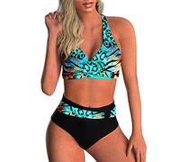 Yutdeng Swimwear Damen Bikini Set Crossover Push-up Bikinioberteil mit Schultergurt Breites Unterbrustband Bademode Bedruckter Plissee-Bikinihose Hohe Taille Badeanzüge Chic,Grün,M