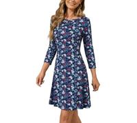 YUTILA Damen Herbstkleid Rundhals Blumenmuster Freizeitkleid 3/4 Arm | A-Linie, Weich, Angenehm, Bequemes, Elastisch, Leicht, Schönes Blumenkleid ideal für Alltag Büro und Freizeit