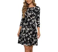 YUTILA Damen Herbstkleid Rundhals Blumenmuster Freizeitkleid 3/4 Arm | A-Linie, Weich, Angenehm, Bequemes, Elastisch, Leicht, Schönes Blumenkleid ideal für Alltag Büro und Freizeit