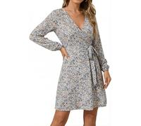 YUTILA Damen Kleid V-Ausschnitt Wickelkleid mit Blumenmuster, Langarm A-Linie Leicht Minikleid mit Bindegürtel, Elegantes Freizeitkleid für Herbst Frühling Übergangszeit