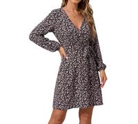 YUTILA Damen Kleid V-Ausschnitt Wickelkleid mit Blumenmuster, Langarm A-Linie Leicht Minikleid mit Bindegürtel, Elegantes Freizeitkleid für Herbst Frühling Übergangszeit