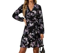 YUTILA Damen Kleid V-Ausschnitt Wickelkleid mit Blumenmuster, Langarm A-Linie Leicht Minikleid mit Bindegürtel, Elegantes Freizeitkleid für Herbst Frühling Übergangszeit