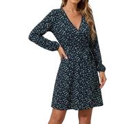 YUTILA Damen Kleid V-Ausschnitt Wickelkleid mit Blumenmuster, Langarm A-Linie Leicht Minikleid mit Bindegürtel, Elegantes Freizeitkleid für Herbst Frühling Übergangszeit