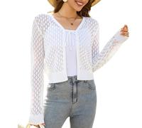 YUURQTY Häkel Cardigan Damen - Lochmuster Strickjacke mit Bindeband am V-Ausschnitt Cropped Sommer Cardigan Langarm Boho Strand Cover Up-Weiß(XL)