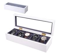 YUYTE Uhrenbox, Uhrenkasten mit Glasdeckel, 5 Grids Watch Aufbewahrungsbox, Uhrenhalter Uhrenschachtel, Schmuckkoffer für Veranstalter und Ausstellung, meisten Typen von Armbanduhren geeignet (Weiß)