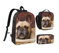 YXDVPALNE Französische Bulldoggen Mall Welpe Braune Kleine Hunde, Studenten Rucksack, Lunchtasche, Federmäppchen, 3-teiliges Set