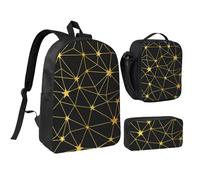 YXDVPALNE Gold, Schwarz, Sterne, Netzwerk, Seamless, Muster, Studenten Rucksack, Lunchtasche, Federmäppchen, 3-teiliges Set