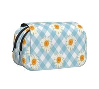 YXDVPALNE Retro Gänseblümchen Blumen Blau Karomuster Doppeltes Clamshell-Stifteetui, tragbares Bleistiftetui mit Reißverschluss