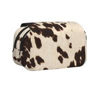 YXDVPALNE Rindsleder mit schwarzen und braunen Flecken Doppeltes Clamshell-Stifteetui, tragbares Bleistiftetui mit Reißverschluss