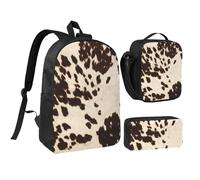 YXDVPALNE Rindsleder mit schwarzen und braunen Flecken, Studenten Rucksack, Lunchtasche, Federmäppchen, 3-teiliges Set